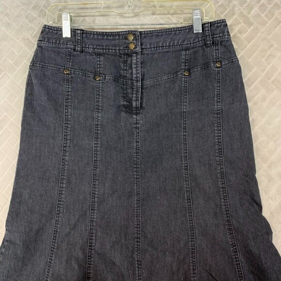 Larry Levine Women 10 Denim Midi Skirt Faded Black Flare Western Coastal Cowgirl - Picture 2 of 16